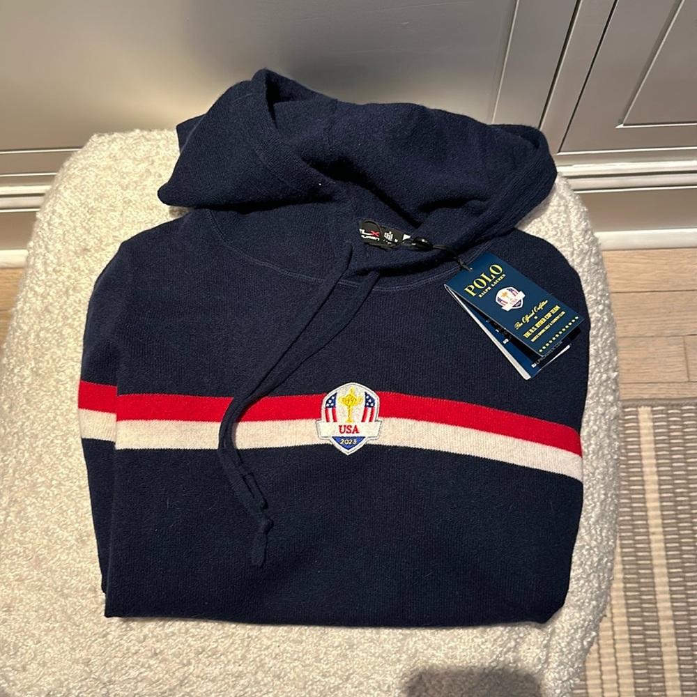 Official RLX Ralph Lauren Ryder Cup hooded cashmere sweater.